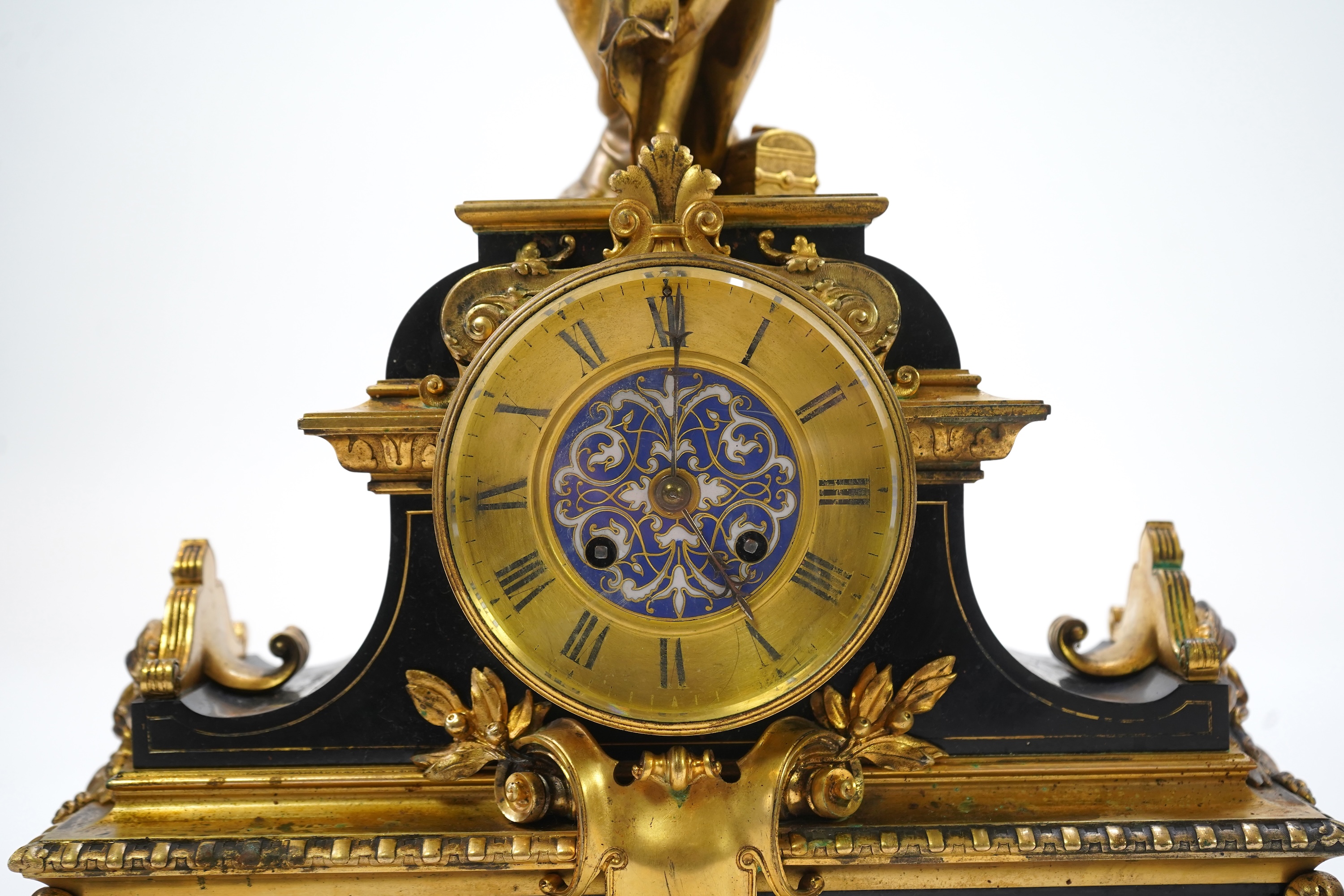 A French gilt bronze figural clock garniture, late 19th century